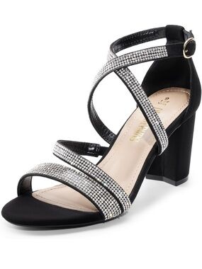 Dream Pairs Madison Black Rhinestone  Ankle Strap Pump Low Chunky Heel Sandals 9